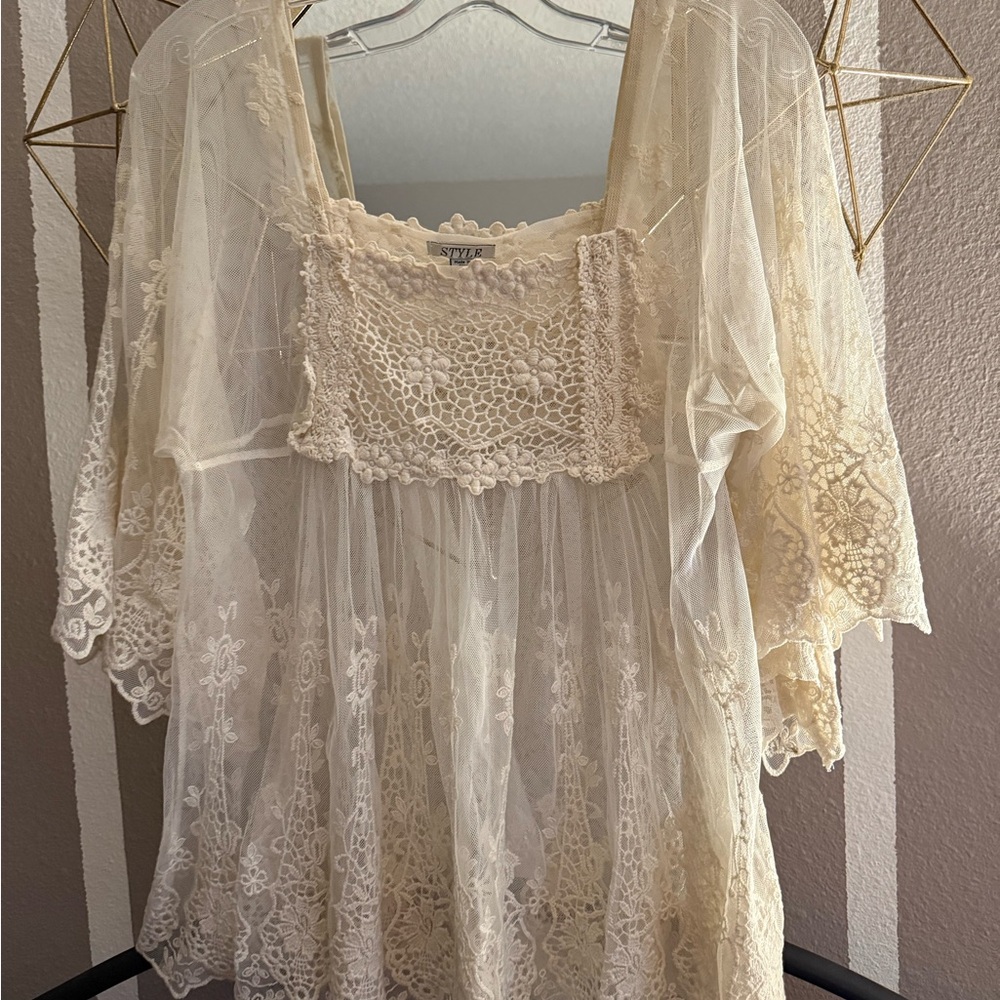 Style & Co Cream Ruffled Lace Blouse